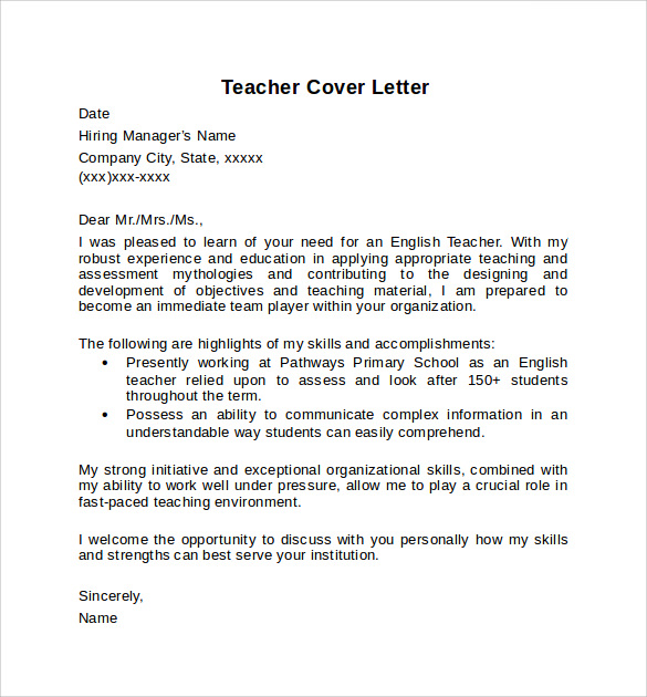 example cover letter for primary school teacher