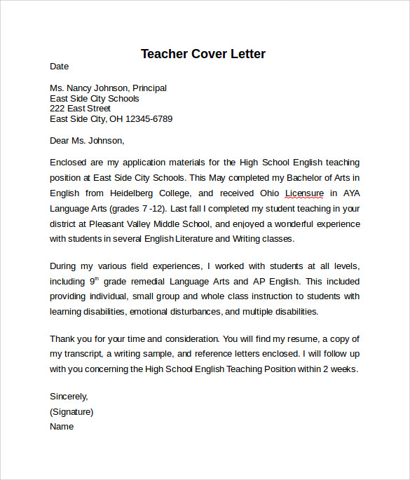 sample application letter for teacher pdf