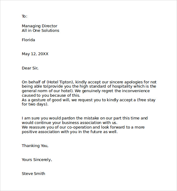 Sample Hotel Apology Letter - 7+ Download Free Documents 