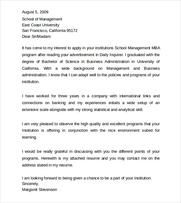 professional mba admission cover letter