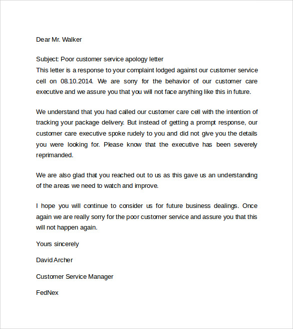 Business Apology Letter Sample Poor Service Poor Customer Service Apology Letter