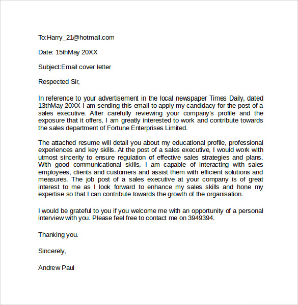 email cover letter sample pdf