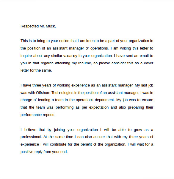 Cover letter for employment inquiry