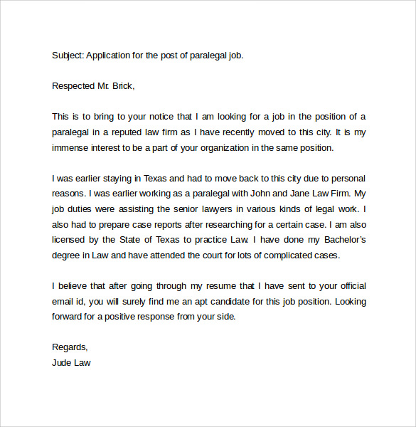 sample cover letter for job application by email