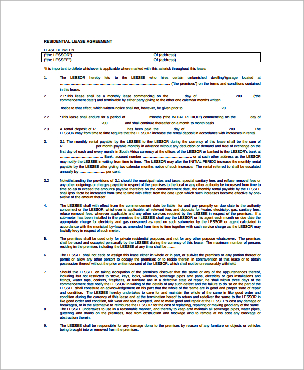 residential room lease agreement template