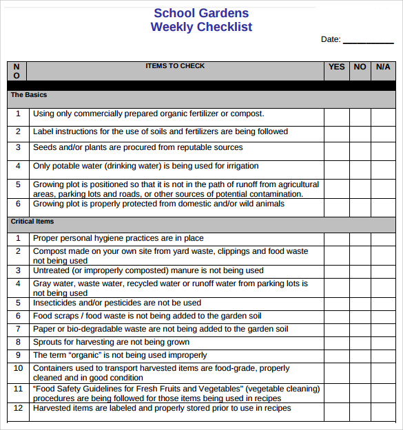 school gardens weekly checklist