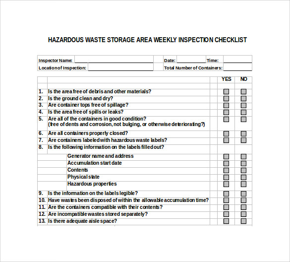 waste stroage area weekly inspection checklist