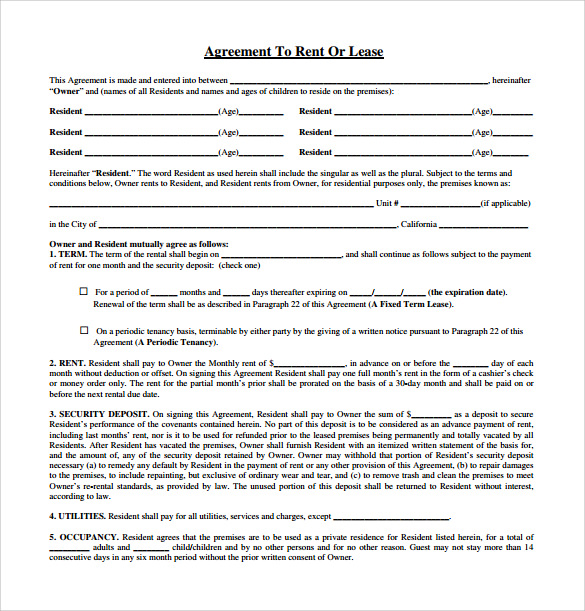 10 Sample Rental Lease Agreement Templates Sample Templates