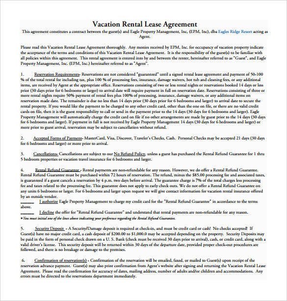 vacation rental lease agreement