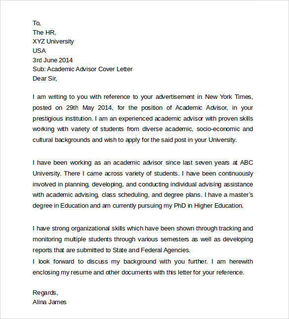 sample of academic advisor cover letter