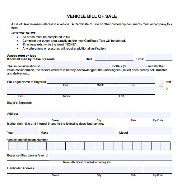 printable bill of sale template