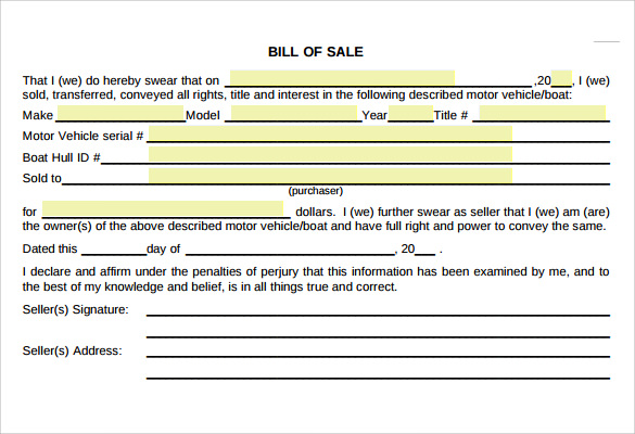 used car bill of sale form template