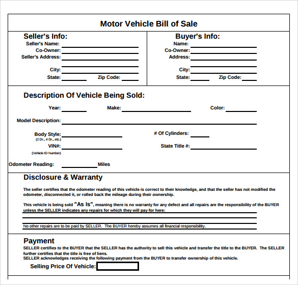 Auto Bill Of Sale Template Pdf