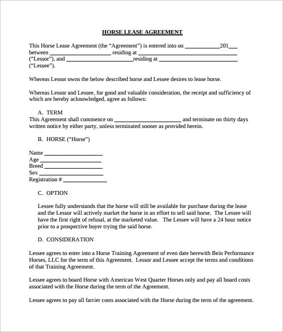 FREE 8+ Sample Horse Lease Agreement Templates in PDF MS Word