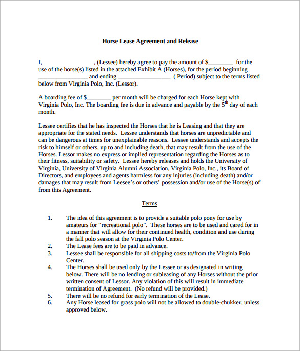 horse lease agreement and release