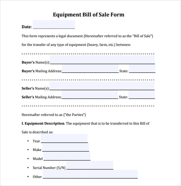 10 Top Collection Free Printable Equipment Bill Of Sale Form