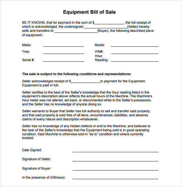 simple equipment bill of sale