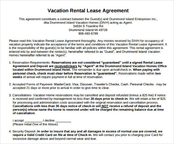 Vacation Rental Lease Agreement Template