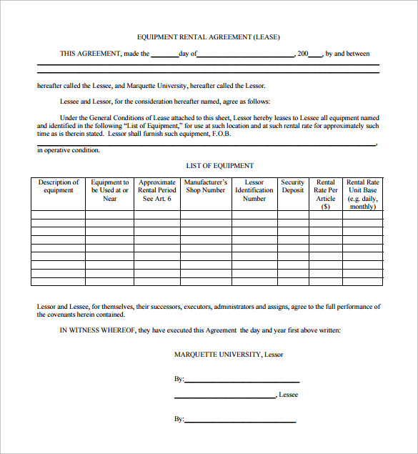 equipment rental agreement lease 