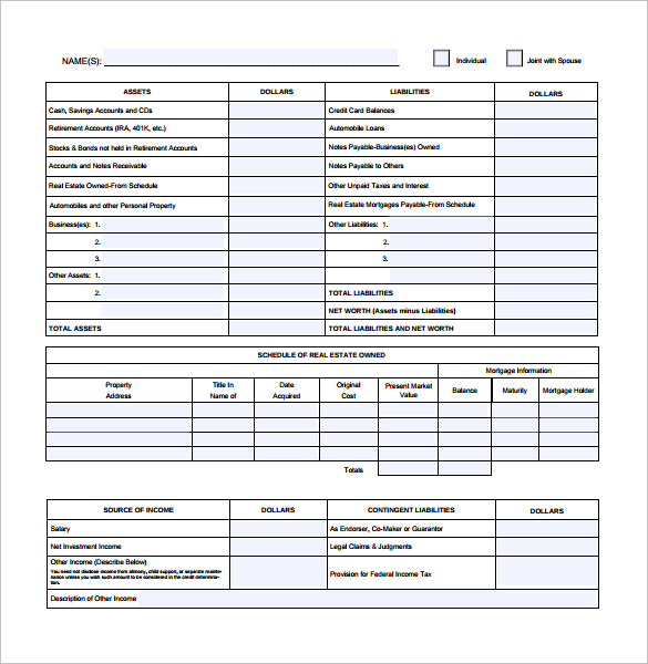 personal financial statement template excel