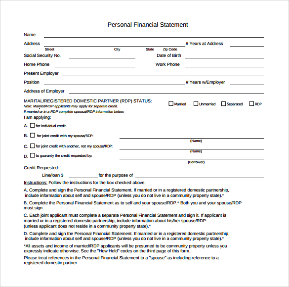 personal financial statement blank form