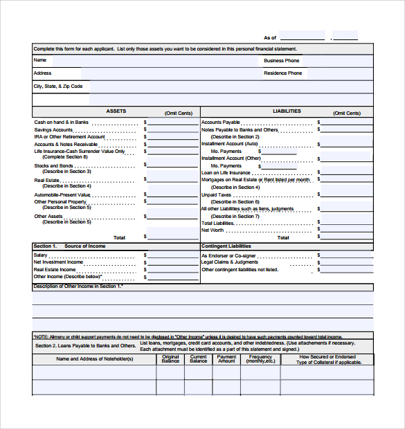 sample personal financial statement