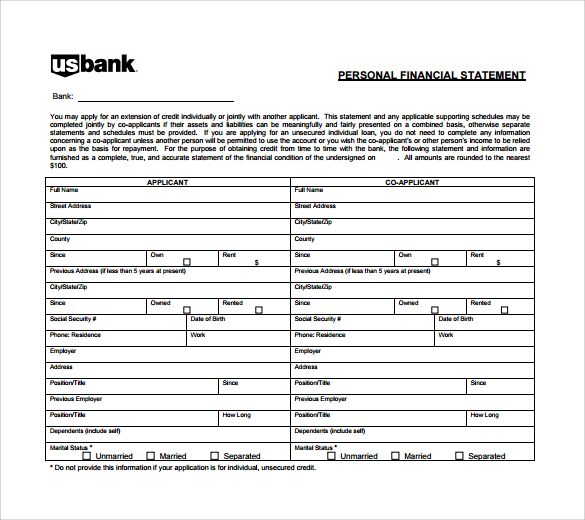 personal financial statement form sample download