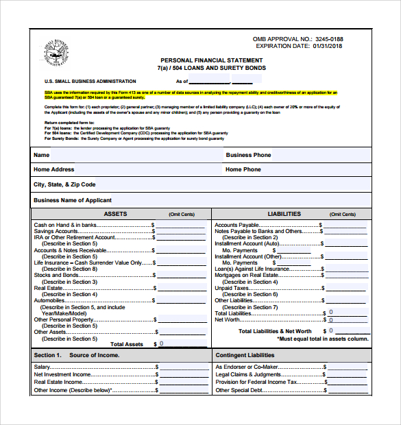 printable personal financial statement form 