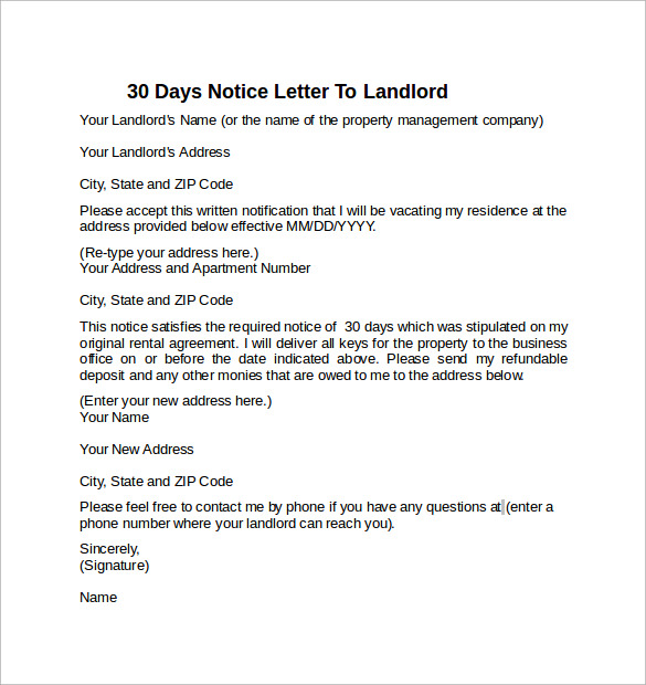 FREE 10 Sample 30 Days Notice Letters To Landlord In PDF MS Word
