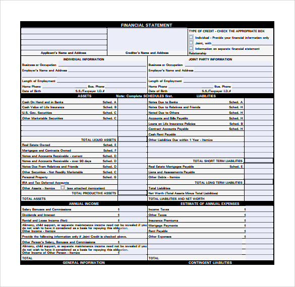 personal financial statement form format