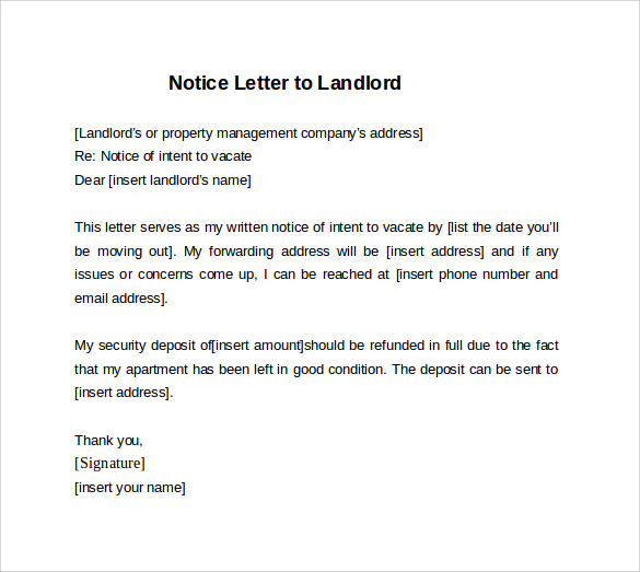 example 30 days notice letter to landlord