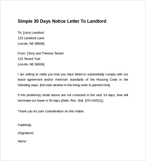 FREE 10  Sample 30 Days Notice Letters to Landlord in PDF MS Word