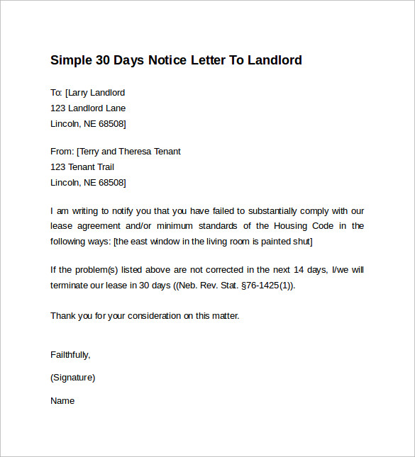 9 Sample 30 Days Notice Letters To Landlord In Word Sample Templates