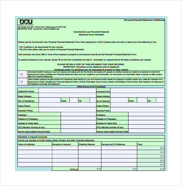 commercial personal financial statement form