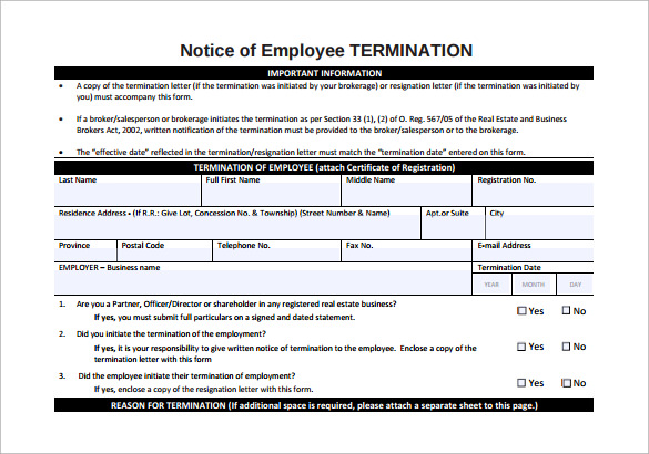 notice letter of employee termination