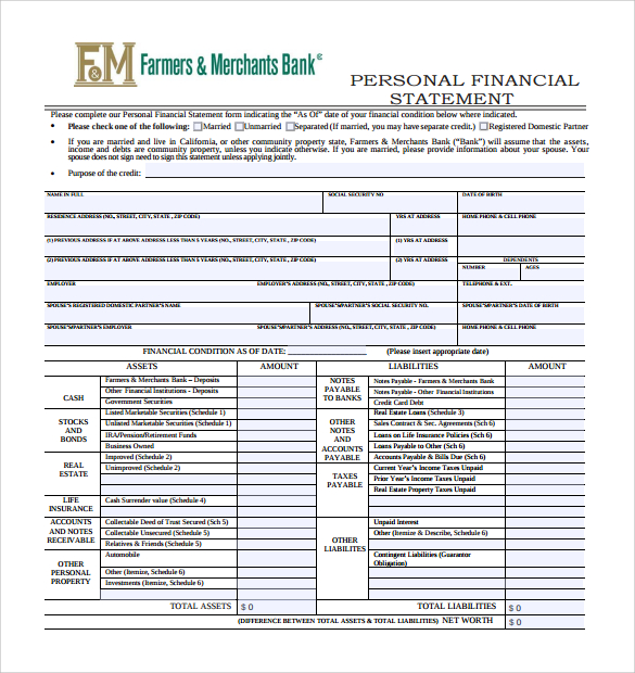 personal financial statement form template