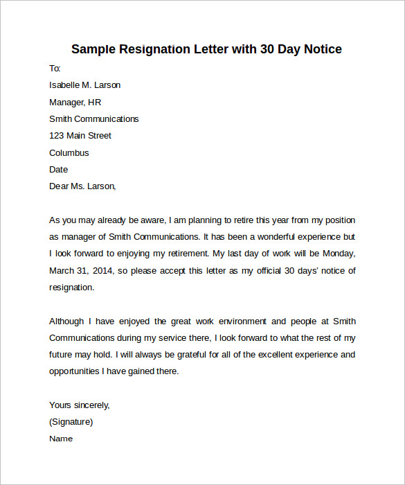 FREE 6+ Sample 30 Days Notice Letter Templates in MS Word PDF