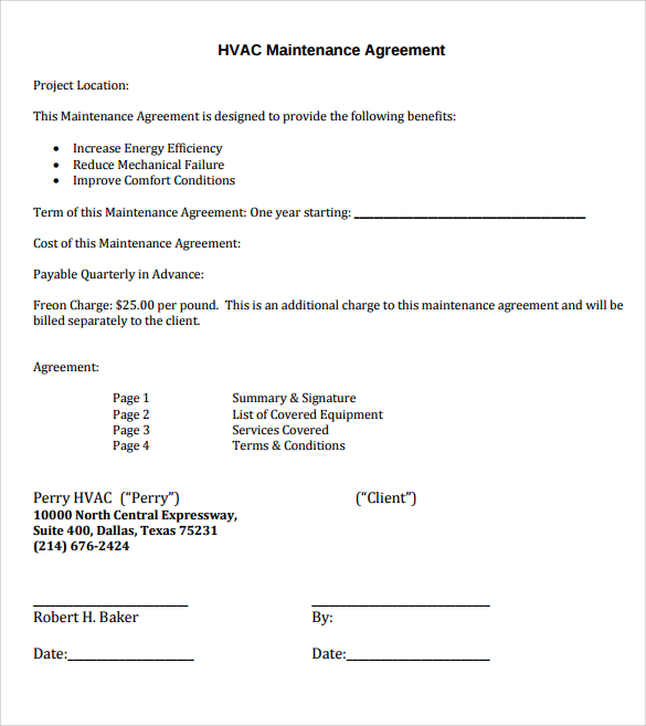 hvac maintenance agreement invoice