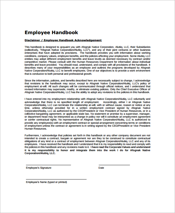 corporate employee handbook sample template