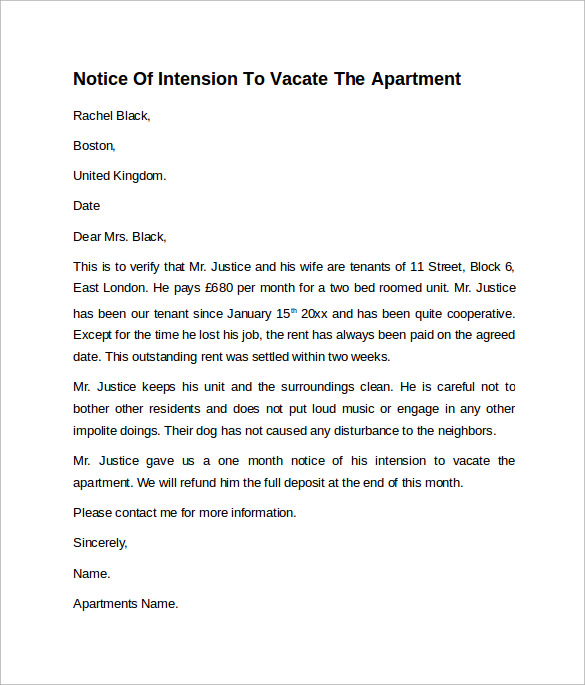 notice letter of intension to vacate the apartment