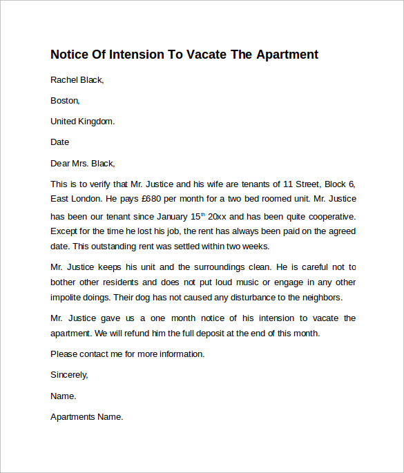 Landlord 60 day notice to vacate sample letter