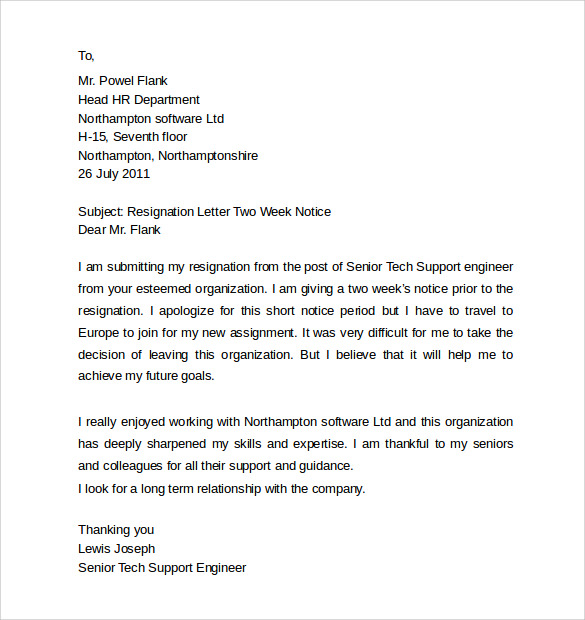 engineer resignation letter notice of 2 weeks