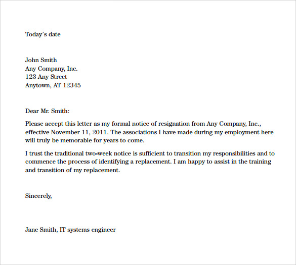 Two Week Resignation Letter Examples