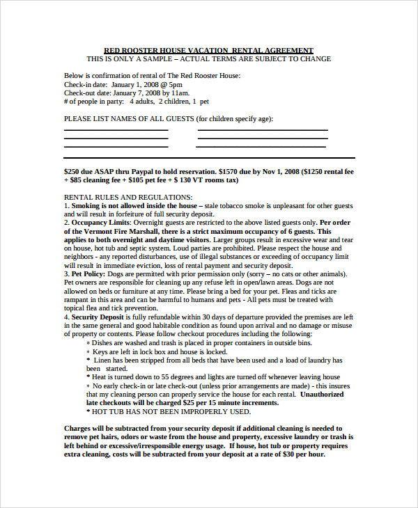 house vacation rental agreement