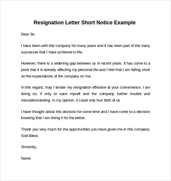 example of resignation letter short notice