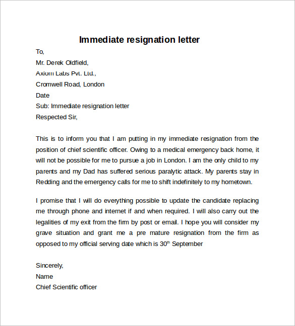 immediate notice resignation letter