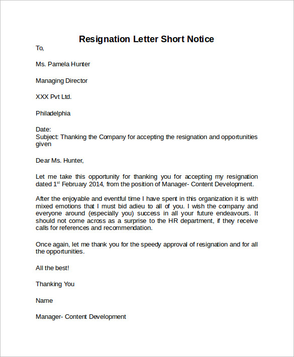 FREE 6+ Sample Resignation Letter Short Notice Templates in MS Word | PDF