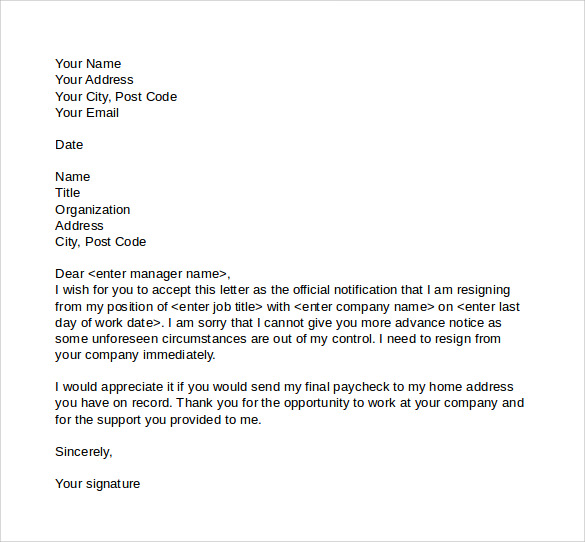 Resignation Letter No Notice Template