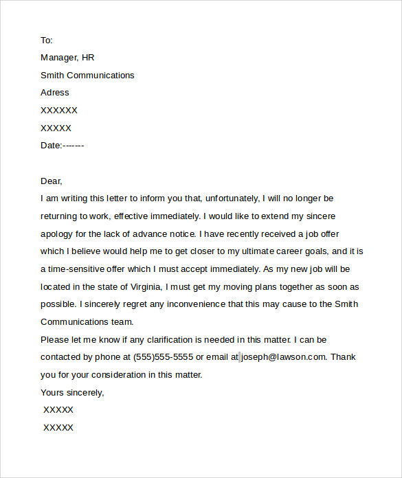 8+ Resignation Letters No Notice – PDF, Word | Sample Templates
