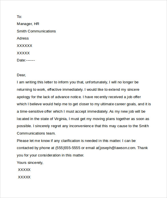 Resignation Email Sample Without Notice Period - Sample Resignation Letter